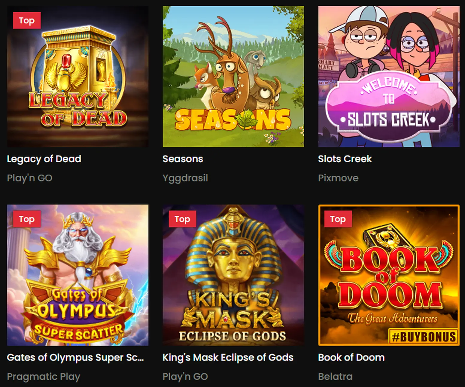 Main lobby with top slot games